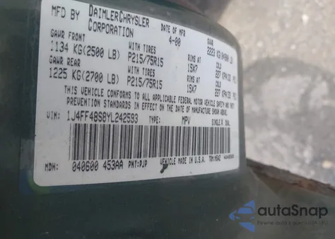 2000 Jeep Cherokee Sport from USA, damaged, VIN 1J4FF48S8YL242593